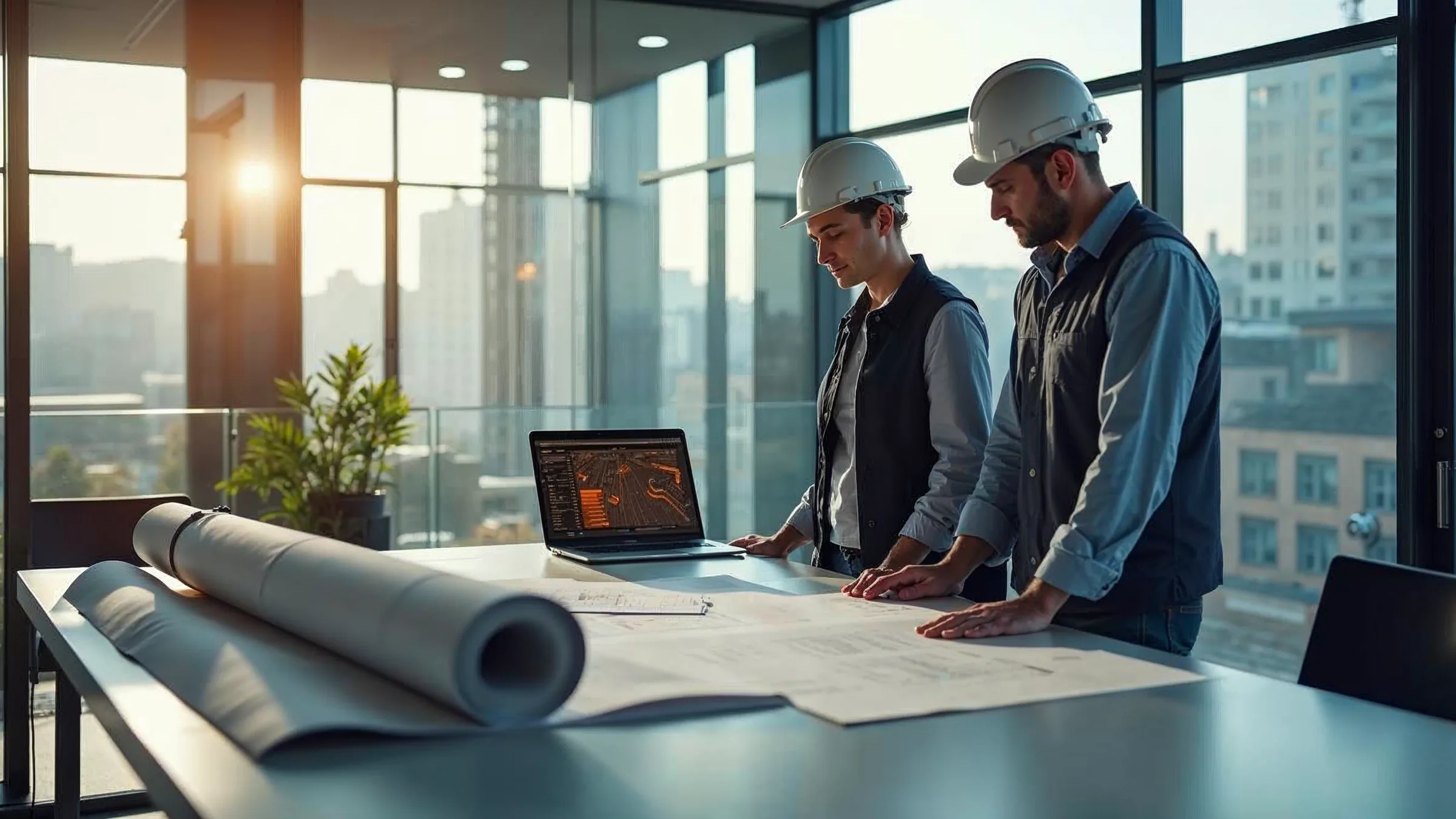 KI-erzeugtes Bild: Architektin und Ingenieur an einem großen Tisch mit Bauplänen in einem hellen Planungsbüro, daneben ein Laptop mit dunkler Software-Oberfläche